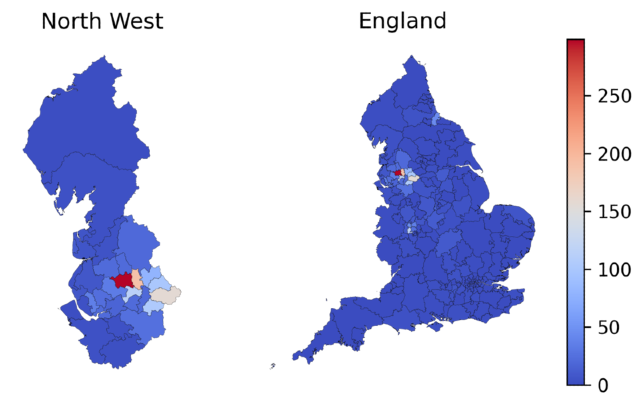 A choropleth map of the North East of England (right) and constitutent CCGs (left), showing prescribing rates of promazine hydrochloride