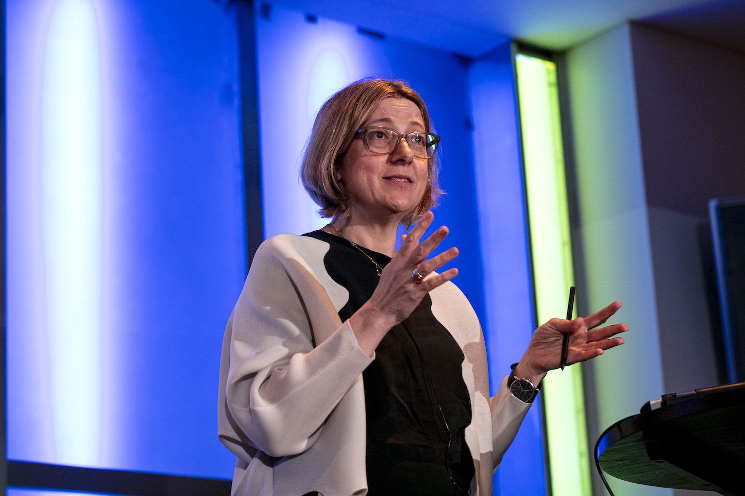 Nicola Byrne, National Data Guardian, gestures with both hands while
doing a short talk