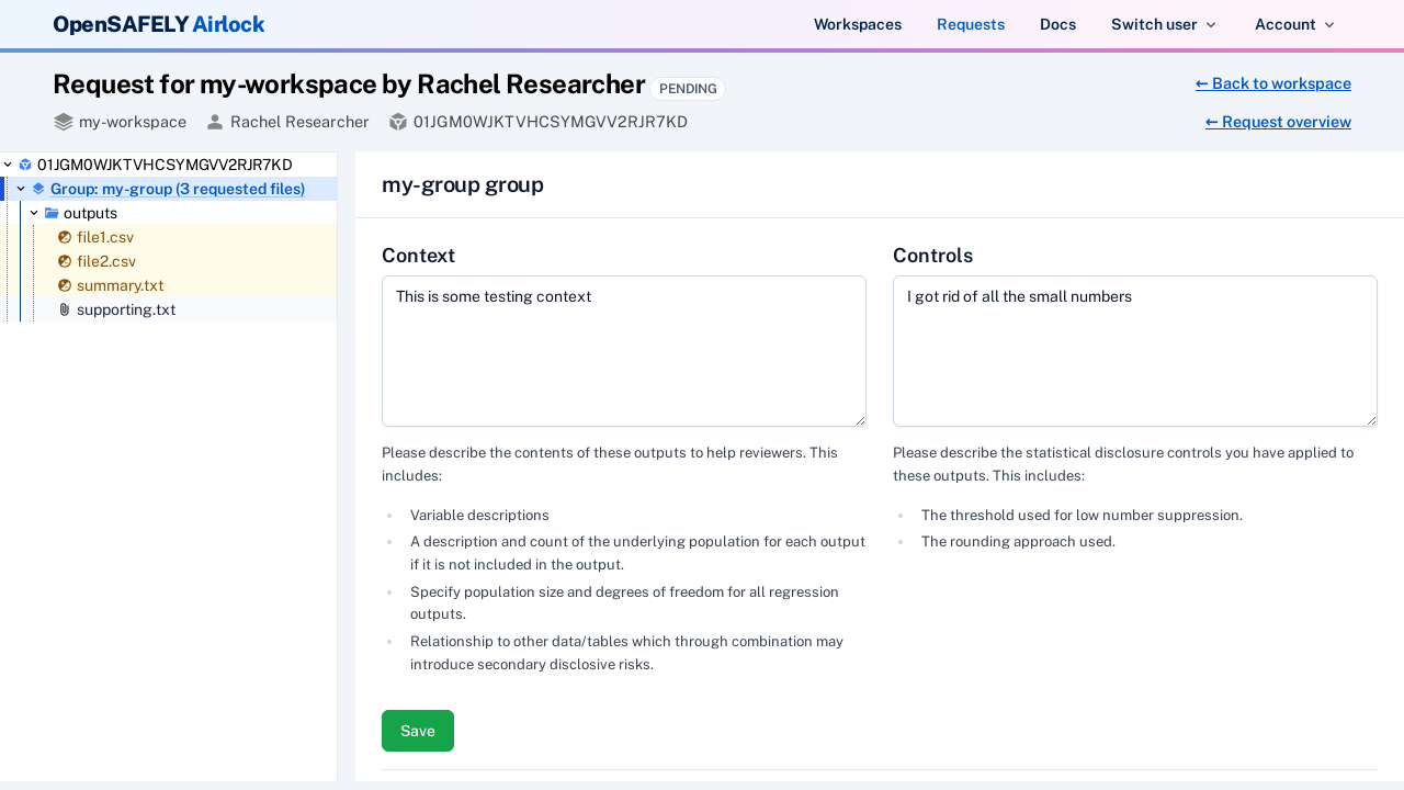 A screenshot of the release request page, showing where a user needs to add information supporting their release requests, including surrounding context and what controls they have applied.