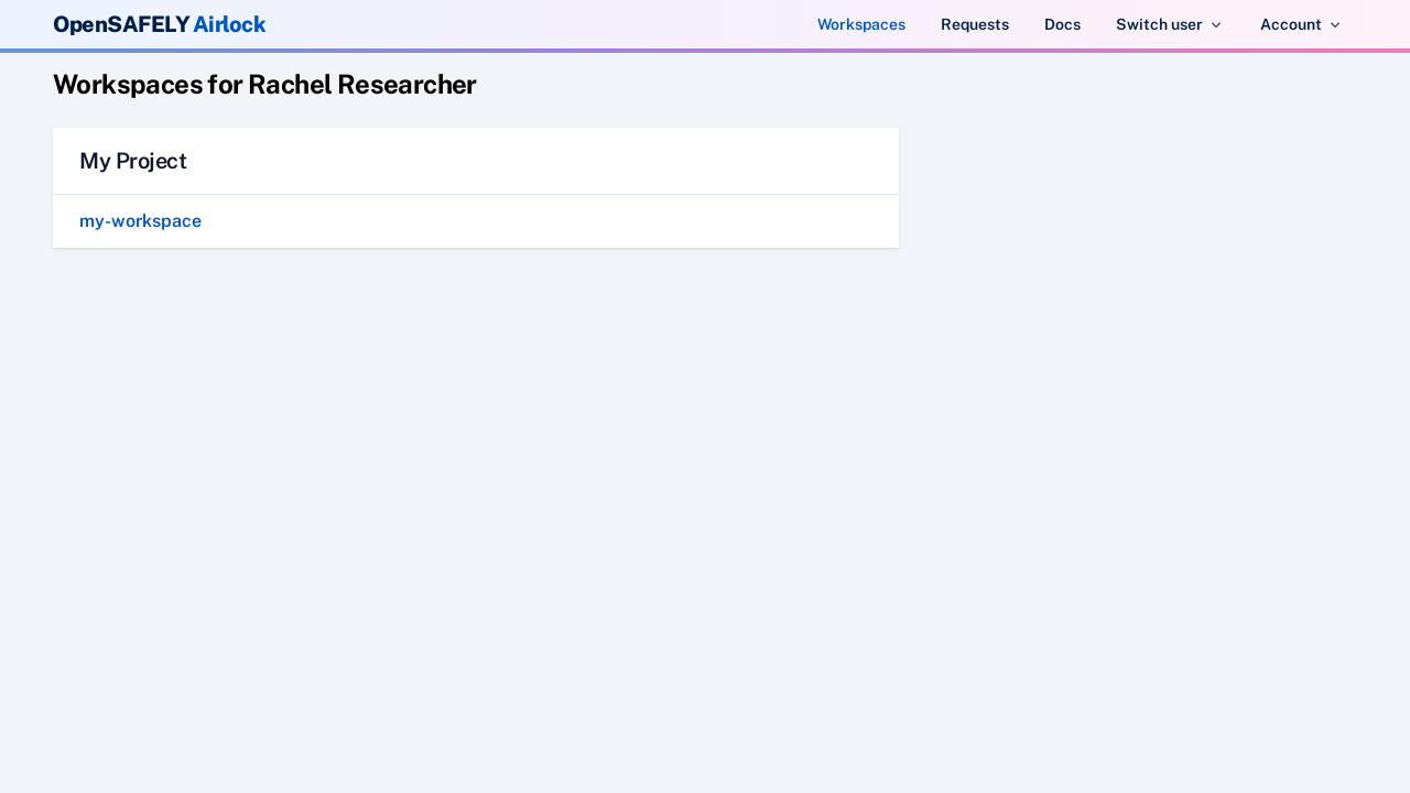 A screenshot of the workspaces available to a hypothetical user called ‘Rachel Researcher’. She has one workspace called ‘my-workspace’.