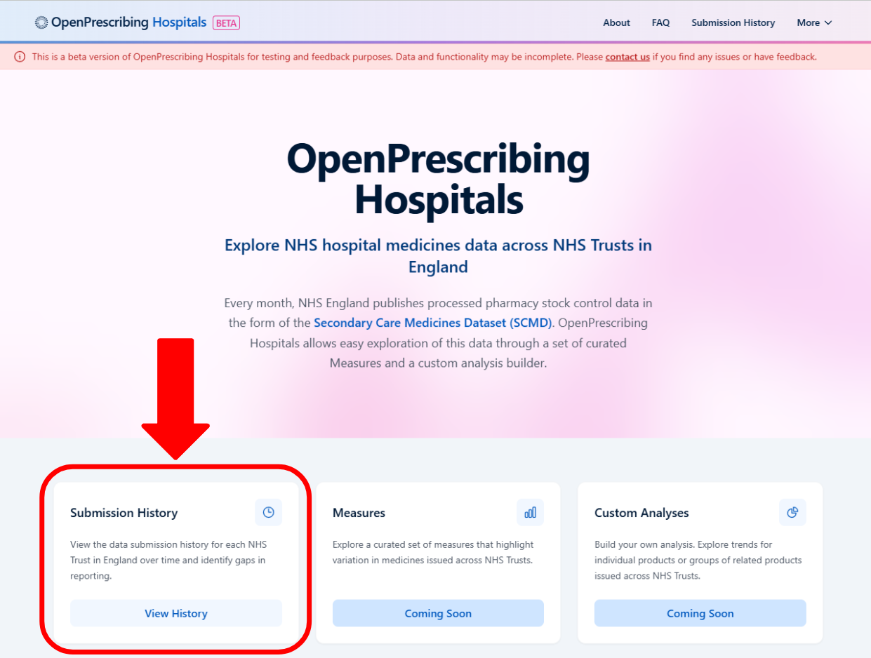 OpenPresribing Hospitals homepage