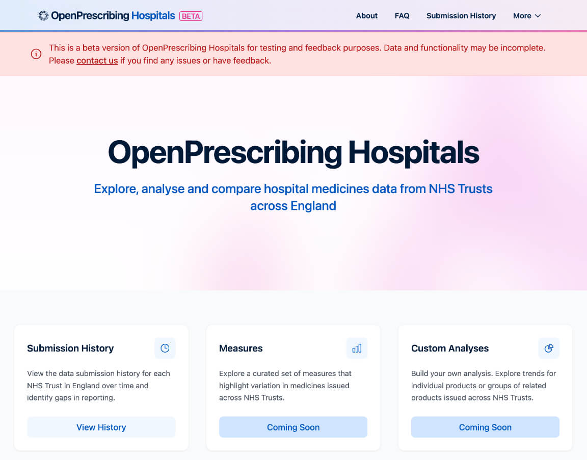 Screenshot of the OpenPrescribing Hospitals home page