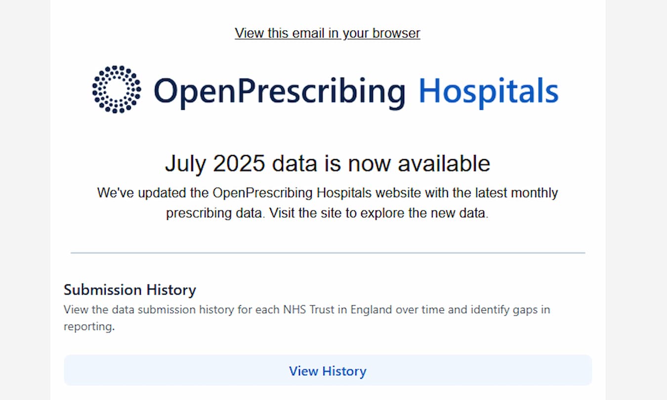 Example OpenPrescribing Hospital email alert