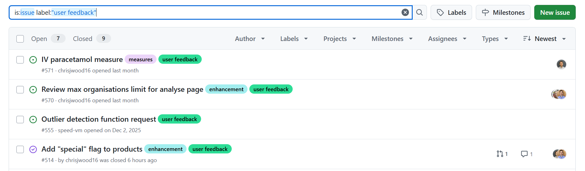 A screenshot of user feedback for OpenPrescribing Hospitals