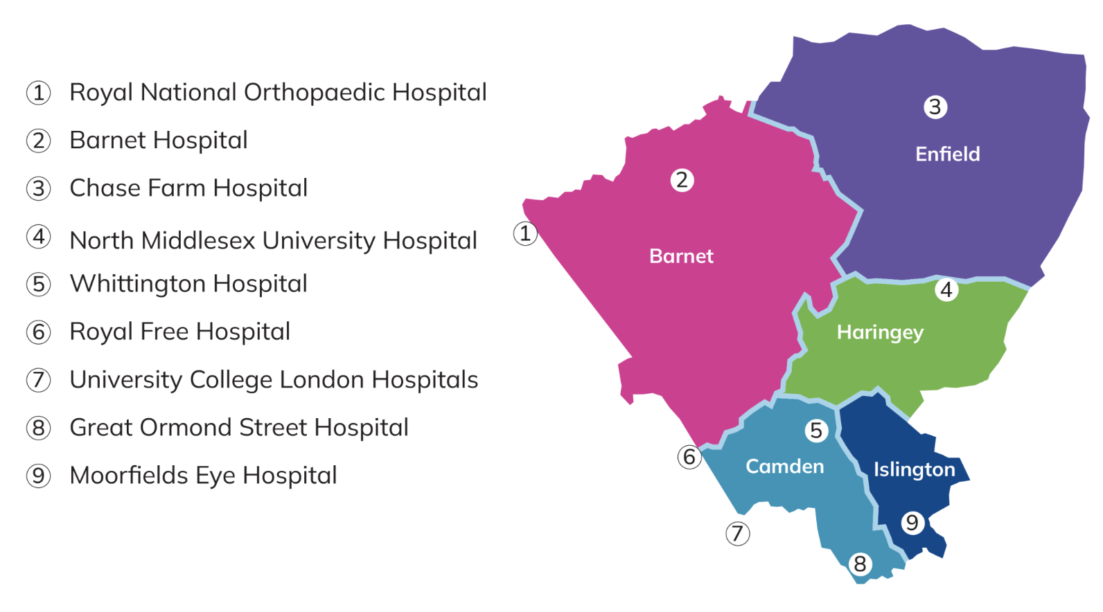 Map of hospitals that partner with the North Central London Cancer Alliance