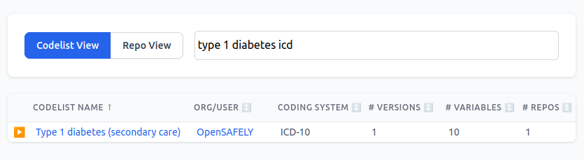 A screenshot showing the single codelist that matches after entering type 1 diabetes icd into the search box