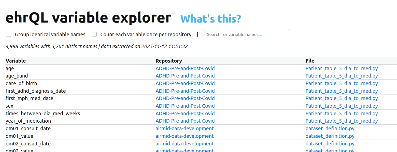 A screenshot of the landing page displaying a table of ehrQL variables